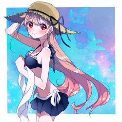  bad_id bad_pixiv_id bikini breasts enji_(nk) female hat kantai_collection long_hair midriff photoshop_(medium) pink_hair red_eyes sailor_bikini sailor_collar sarong smile solo straw_hat sun_hat swimsuit yuudachi_(kancolle) yuudachi_kai_ni_(kancolle) 