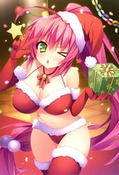  ;o absurdres ahoge anapom aono_nanaka bare_shoulders bell bikini blush breasts cameltoe christmas cleavage collar collarbone confetti diamond_mouth elbow_gloves female fur-trimmed_bikini fur_trim gift gloves green_eyes hair_bobbles hair_ornament halterneck hat highres large_breasts long_hair navel neck_bell one_eye_closed pink_hair ponytail red_gloves red_thighhighs santa_bikini santa_costume santa_hat shukufuku_no_kane_no_oto_wa_sakura-iro_no_kaze_to_tomo_ni solo star_(symbol) swimsuit thighhighs v very_long_hair 