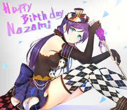  aqua_eyes argyle_clothes argyle_legwear black_gloves bow breasts cafe_maid_(love_live!) character_name checkered commentary_request elbow_gloves female flower frills gloves hair_ornament happy_birthday hat large_breasts long_hair love_live! love_live!_school_idol_festival love_live!_school_idol_project low_twintails marshall_(wahooo) microphone microphone_stand mini_hat mini_top_hat purple_flower purple_hair purple_rose rose scrunchie skirt smile solo thighhighs tojo_nozomi top_hat twintails 