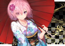  alternate_costume breasts checkered_background closed_mouth collarbone commentary fate/grand_order fate_(series) female floral_print flower hair_flower hair_ornament hair_over_one_eye highres holding holding_umbrella japanese_clothes kanzashi kimono long_sleeves looking_at_viewer mash_kyrielight medium_breasts obi oil-paper_umbrella peony_print pink_hair purple_eyes purple_flower reuri_(tjux4555) sakuramon sash sidelocks smile solo umbrella upper_body white_kimono wide_sleeves wisteria_print 