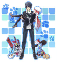  1boy bad_id bad_pixiv_id ban_airi beanie black_hair black_legwear boots cait_sith_(megami_tensei) carrying couple devil_survivor devil_survivor_2 feline female hands_on_another&#039;s_face hat jacket long_hair neko_shogun_(megami_tensei) oto_nagi paw_print pinching popped_collar pout princess_carry red_hair revision scarf school_uniform short_hair sidelocks simple_background straight thighhighs torii_jungo very_long_hair zettai_ryouiki 