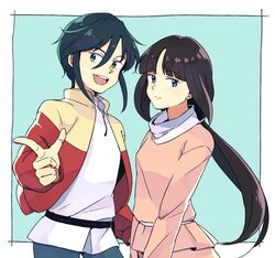  1boy :d after_war_gundam_x anko_(w-anco) aqua_eyes black_hair blouse blue_eyes brown_hair commentary_request female finger_gun garrod_ran gundam jacket open_mouth ponytail shirt smile tiffa_adill 