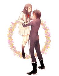  1boy 4tew black_hair carrying commentary_request female flower iki_hiyori lifting_person long_hair noragami school_uniform short_hair wreath yato_(noragami) 