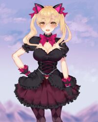  animal_ears argyle_clothes argyle_legwear black_cat_d.va black_dress black_gloves blonde_hair blush bow breasts cat_ears cleavage commentary corset cowboy_shot d.va_(overwatch) dress error_dot female frilled_dress frills gloves hair_between_eyes hairbow hand_on_own_hip heart highres large_breasts lolita_fashion long_hair looking_at_viewer official_alternate_costume open_mouth overwatch overwatch_1 pantyhose parted_bangs pink_bow puffy_short_sleeves puffy_sleeves short_sleeves solo twintails yellow_eyes 