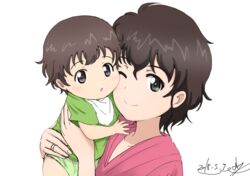  2girls aged_down akiyama_yoshiko akiyama_yukari artist_name baby bib brown_eyes brown_hair bukkuri carrying child_carry closed_mouth commentary dated girls_und_panzer green_shirt holding jewelry looking_at_viewer mother_and_daughter multiple_girls one_eye_closed pink_shirt portrait ring shirt short_hair short_sleeves signature simple_background smile wedding_ring white_background 