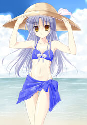  angel_beats! beach bikini blue_hair blue_sarong commentary_request day female grey_hair hand_on_headwear hat highres long_hair ocean print_sarong revision sarong sky solo souda_shinme sun_hat swimsuit tachibana_kanade yellow_eyes 