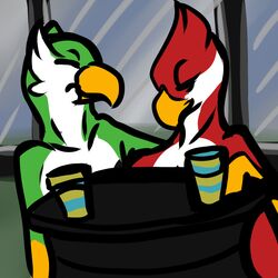  1:1 anonyartist anthro askos avian avian_(starbound) beak beverage cafe coffee container cup date duo feathers feet food furniture green_body green_feathers maladash male male/male nude red_body red_feathers sitting starbound table talons toes white_body white_feathers window 