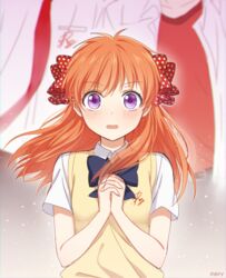  2boys artist_name bad_id bad_pixiv_id blush bow female gekkan_shoujo_nozaki-kun hairbow mery_(yangmalgage) mikoshiba_mikoto multiple_boys nozaki_umetarou orange_hair own_hands_clasped own_hands_together polka_dot polka_dot_bow purple_eyes sakura_chiyo sweater_vest 