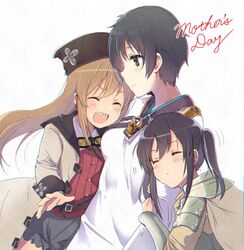  3girls arm_hug black_hair black_skirt brown_hair cape closed_eyes coat commentary_request crook_mofus el_mofus_(black_hair_female) el_mofus_(brown_hair_female) goggles goggles_around_neck green_eyes hat long_hair miton_(ton321) mother_and_daughter multiple_girls open_mouth rance_(series) rance_10 short_hair simple_background skirt twintails white_background 