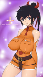  arms_behind_back bare_shoulders belt belt_skirt black_hair blue_eyes blush breast_pocket breasts commentary_request copyright_name covered_nipples cowboy_shot detached_sleeves female final_fantasy final_fantasy_unlimited impossible_clothes large_breasts lisa_pacifist long_hair onomeshin photoshop_(medium) pocket ponytail skin_tight solo 