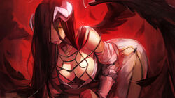  albedo_(overlord) black_hair breasts china_dress chinese_clothes cleavage commentary downblouse dress female hanging_breasts highres horns large_breasts long_hair overlord_(maruyama) parted_lips photoshop_(medium) red_background saliva saliva_trail solo weien wings yellow_eyes 