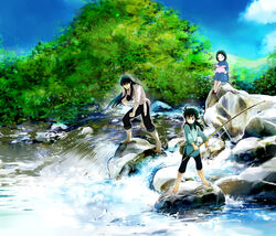  2boys black_hair braid chinese_clothes commentary_request dragon_ryuuhou dragon_shiryuu family father_and_son female fishing_rod jobo_(isi88) long_hair mother_and_son multiple_boys outdoors rock saint_seiya saint_seiya_omega shunrei tree water 