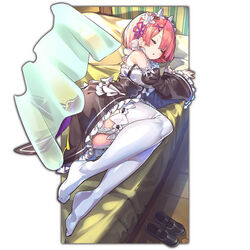  closed_eyes detached_sleeves female hair_ornament headdress last_period lying maid no_shoes non-web_source official_art on_back on_side photoshop_(medium) pink_hair ram_(re:zero) re:zero_kara_hajimeru_isekai_seikatsu roswaal_mansion_maid_uniform shoes short_hair sleeping solo thighhighs unworn_shoes white_thighhighs whoopin x_hair_ornament 