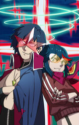  1boy black_hair blue_eyes cape club3 commentary_request core_drill creator_connection crossed_arms crossover female highres jacket jewelry kill_la_kill matoi_ryuuko multicolored_hair necklace photoshop_(medium) red_hair safety_glasses scarf senketsu senketsu_(scarf) short_hair simon_(ttgl) simon_shades smile spoilers streaked_hair tengen_toppa_gurren_lagann track_jacket two-tone_hair 