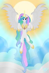  2016 2:3 absurd_res alicorn cloud crown day equid equine feathered_wings feathers female feral flying friendship_is_magic hair hasbro headgear hi_res horn jewelry magic mammal multicolored_hair my_little_pony mythological_creature mythological_equine mythology necklace outside princess_celestia_(mlp) purple_eyes royalty sky solo spread_wings sun virenth white_body white_feathers wings 