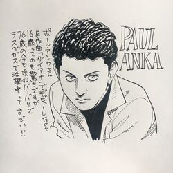  1boy character_name commentary_request curly_hair highres male_focus marker_(medium) monochrome paul_anka photo_(medium) real_life solo traditional_media translation_request upper_body urasawa_naoki 