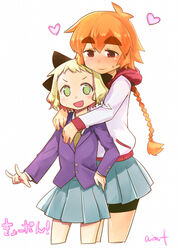  2girls aimitsu_(ibityuttyu) bike_shorts blonde_hair braid commentary_request heart height_difference hug hug_from_behind multiple_girls orange_hair original red_eyes single_braid thick_eyebrows yuri 