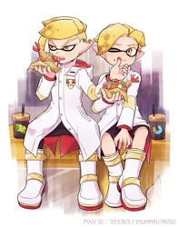  2boys artist_name blonde_hair boots closed_mouth coat commentary_request cup drinking_straw earrings eating emblem emperor_(splatoon) food food_on_face frown full_body holding holding_food hot_dog inkling inkling_boy inkling_player_character inumaru_akagi jewelry long_sleeves looking_at_another male_focus multiple_boys one_eye_closed open_mouth pixiv_id pointy_ears prince_(splatoon) seanwich_(splatoon) shrimp side-by-side sitting splatoon_(manga) splatoon_(series) tentacle_hair v-shaped_eyebrows white_coat white_footwear wiping_face yellow_eyes 