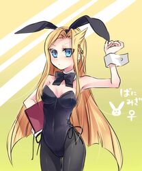  animal_ears blonde_hair blue_eyes blush bow breasts bunny_ears bunny_outfit bunnysuit female female hair long_hair misael mizael rule_63 solo very_long_hair yu-gi-oh! 