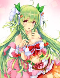  bare_shoulders bow breasts cherry_hair_ornament cleavage commentary_request cowboy_shot female flower_knight_girl food-themed_hair_ornament frills green_hair hair_bobbles hair_ornament highres large_breasts layered_skirt leaf light_green_hair long_hair looking_at_viewer midriff multicolored_eyes navel pink_eyes pink_skirt red_bow sakuranbo_(flower_knight_girl) skirt smile solo suzume_(simple0091) two_side_up white_background yellow_eyes 