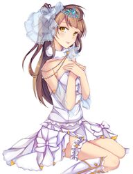  bad_id bad_pixiv_id boots colored_eyelashes crown dress female flower hair_flower hair_ornament hair_ribbon hands_on_own_chest highres kalian knee_boots lips long_hair looking_at_viewer love_live! love_live!_school_idol_project minami_kotori off_shoulder one_side_up parted_lips ribbon ribbon_trim see-through short_dress sitting solo white_dress white_footwear yellow_eyes 