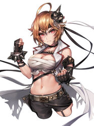  ahoge bandages belt belt_buckle black_choker black_gloves black_headband black_ribbon black_shorts blonde_hair bracelet breasts buckle budget_sarashi chest_sarashi choker cleavage clenched_hands collarbone collared_jacket commentary_request cropped_jacket cropped_legs female fingerless_gloves fingernails frown glaring gloves hair_between_eyes hair_flaps hair_ornament headband highres ibuki_tsubasa idolmaster idolmaster_million_live! idolmaster_million_live!_theater_days jacket jewelry knot looking_at_viewer machi_(machi333) medium_breasts navel photoshop_(medium) red_eyes ribbon sarashi scar short_hair shorts sidelocks simple_background sleeveless sleeveless_jacket solo spiked_bracelet spikes studded_belt white_background white_belt white_ribbon 