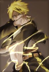  1boy bad_id bad_pixiv_id blonde_hair boku_no_hero_academia cowboy_shot electricity gloves kaminari_denki male_focus solo yagiushi_(sinnpatilove) 