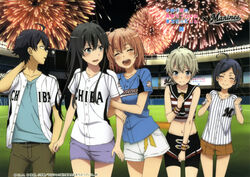  2boys 3girls :d ^_^ arm_hug baseball_uniform blush brother_and_sister chiba_lotte_marines clenched_hands closed_eyes covering_crotch covering_privates fireworks highres hikigaya_hachiman hikigaya_komachi long_hair midriff multiple_boys multiple_girls navel nippon_professional_baseball official_art open_mouth otoko_no_ko sailor_collar siblings smile sportswear stadium totsuka_saika yahari_ore_no_seishun_lovecome_wa_machigatteiru. yuigahama_yui yukinoshita_yukino 