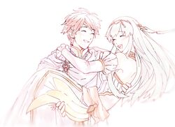  1boy bare_shoulders blue_hair bridal_veil bride carrying closed_eyes commentary couple dress eliwood_(fire_emblem) female fire_emblem fire_emblem:_the_blazing_blade fire_emblem_heroes flower formal gloves hair_flower hair_ornament jewelry long_hair ninian_(bridal)_(fire_emblem) ninian_(fire_emblem) open_mouth princess_carry red_hair rose smile straight strapless strapless_dress suit tomentomob tuxedo veil wedding wedding_dress white_gloves 