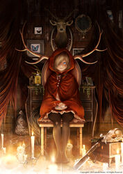  absurdres animal_skull antlers artist_name bad_id bad_pixiv_id black_pantyhose blonde_hair blood blood_on_face blue_eyes bouno_satoshi box broken_glass buckle bug butterfly candle chair chest_of_drawers cleaver cloak dated deer_head embroidery embroidery_hoop english_text expressionless female framed_insect frog full_body glass glint hair_over_one_eye highres hood horns indoors jar jewelry jewelry_box leather lizard looking_at_viewer necklace needle no_shoes original own_hands_together pantyhose parted_lips petals picture_frame plant sack sewing_needle silk sitting skirt skull solo spider_web swept_bangs tail taxidermy torn_clothes torn_pantyhose trophy_head unworn_jewelry unworn_necklace watermark wooden_floor wooden_wall 