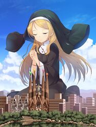  artist_request blonde_hair character_request closed_eyes cloud cloudy_sky copyright_request cross day european_architecture female giant giantess habit long_hair nun outdoors sagrada_familia sky solo source_request spain town 