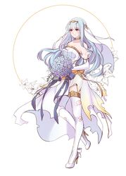  absurdres bare_shoulders blue_hair bouquet bridal_veil bride commentary dress english_commentary female fire_emblem fire_emblem:_the_blazing_blade fire_emblem_heroes flower formal gloves hair_flower hair_ornament highres jewelry long_hair ninian_(bridal)_(fire_emblem) ninian_(fire_emblem) red_eyes rose smile solo strapless strapless_dress thighhighs torn_clothes veil wedding wedding_dress whimxi white_gloves white_thighhighs 