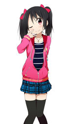  ;) \m/ black_hair blush bow casual commentary_request crescent female hairbow hood hoodie jacket jewelry looking_at_viewer love_live! love_live!_school_idol_project miyako_hito necklace one_eye_closed photoshop_(medium) plaid plaid_skirt red_eyes short_hair skirt smile solo thighhighs twintails unzipped yazawa_nico zettai_ryouiki 