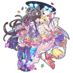  2girls animal_hands black_hair black_legwear blonde_hair blue_eyes cheek-to-cheek collar confetti dress gloves hat heads_together high_heels holding holding_microphone last_period long_hair microphone monochrome_bears multiple_girls non-web_source official_art open_mouth paw_gloves pink_footwear pumps purple_eyes short_sleeves sleeveless thighhighs very_long_hair white_legwear whoopin wince 