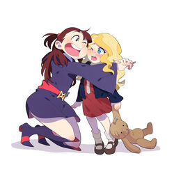  2girls blonde_hair blue_eyes boots brown_hair cheek-to-cheek commentary_request diana_cavendish dress following hat heads_together hug kagari_atsuko little_witch_academia lolicon long_hair luo. mary_janes multiple_girls open_mouth shoes simple_background staff star_(symbol) stuffed_animal stuffed_toy teddy_bear white_background witch witch_hat yuri 