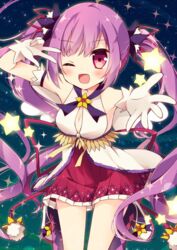  ;d aisha_landar battle_magician_(elsword) blue_background blush commentary_request elsword female gloves hoshi_(snacherubi) kneehighs long_hair looking_at_viewer one_eye_closed open_mouth outstretched_hand purple_eyes purple_hair purple_skirt purple_socks shoes skirt smile socks solo twintails v white_footwear white_gloves 