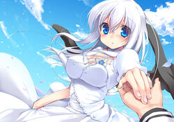  black_wings blue_eyes commentary_request dress female fiira_(inose_riku) inose_riku long_hair original solo_focus white_dress white_hair wings 