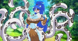  8_tails anthro big_breasts biped breasts clothed clothing eyebrows felid female fur hair happy kaliancia long_hair looking_at_viewer mammal mastergodai midriff multi_tail pantherine smile snow_leopard solo tail 