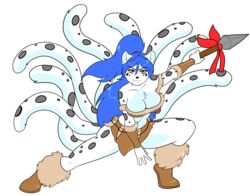  8_tails anthro big_breasts biped breasts chest_tuft clothed clothing eyebrows eyelashes felid female hair holding_object holding_weapon humanoid_hands kaliancia long_hair mammal melee_weapon multi_tail pantherine polearm simple_background skidd snow_leopard solo spear tail tuft weapon white_background 