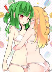  ! 2girls ass bad_id bad_pixiv_id beatmania_iidx bikini blonde_hair blush braid closed_eyes flat_chest food green_hair headphones headphones_around_neck highres hishimiya_tsugaru hug long_hair macaron maremay0513 multiple_girls navel ponytail red_eyes side-tie_bikini_bottom sweatdrop swimsuit xiatian_(beatmania_iidx) yuri 