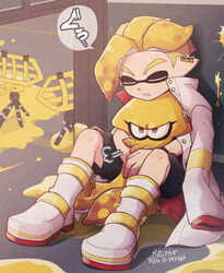  1boy artist_name black_shorts blonde_hair boots closed_eyes coat commentary_request earrings emperor_(splatoon) full_body glaring inkling inkling_boy inkling_player_character inumaru_akagi jacket jacket_on_shoulders jewelry long_sleeves male_focus open_clothes open_coat paint_splatter parted_lips pixiv_id prince_(splatoon) shorts sigh signature sitting sitting_on_lap sitting_on_person sleeping sparkle splatoon_(manga) splatoon_(series) squid squid_beakon_(splatoon) sweatdrop white_coat white_footwear 