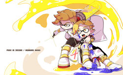  2boys arm_around_neck arm_grab artist_name black_pants black_shorts blonde_hair boots closed_mouth coat commentary_request earrings emperor_(splatoon) foreshortening frown holding holding_weapon ink_tank_(splatoon) inkling inkling_boy inkling_player_character inumaru_akagi jewelry long_sleeves looking_at_another male_focus multiple_boys open_mouth paint_splatter pants pixiv_id pointy_ears prince_(splatoon) protecting short_hair shorts sitting sparkle splat_dualies_(splatoon) splatoon_(manga) splatoon_(series) standing sweatdrop weapon white_coat white_footwear yellow_eyes 