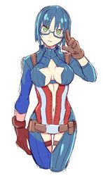  adjusting_glasses artist_request belt blue_hair captain_america captain_america_(cosplay) character_request cleavage cleavage_cutout female glasses gloves green_eyes looking_at_viewer marvel navel rule_63 salute shigehiro_(artist) short_hair simple_background solo star_cutout two-finger_salute 