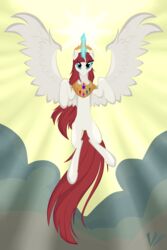  2016 2:3 absurd_res alicorn cloud crown day equid equine feathered_wings feathers female feral flying friendship_is_magic hair hasbro headgear hi_res horn jewelry lauren_faust magic mammal my_little_pony mythological_creature mythological_equine mythology necklace outside purple_eyes red_hair sky solo spread_wings sun virenth white_body white_feathers wings 