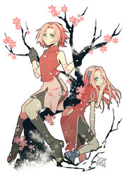  2girls age_difference aged_down arm_warmers black_gloves boots branch cherry_blossoms commentary_request dual_persona gloves green_eyes hairband height_difference in_tree knee_boots long_hair looking_at_viewer multiple_girls naruto naruto_(series) naruto_shippuuden one_eye_closed photoshop_(medium) pink_hair retpa sakura_haruno shoes short_hair shorts sitting sitting_in_tree smile toeless_footwear tree zipper zipper_pull_tab 