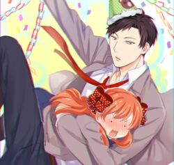  1boy bad_id bad_pixiv_id black_hair blazer blush bow brown_eyes confetti female gekkan_shoujo_nozaki-kun hairbow hat jacket mery_(yangmalgage) necktie nozaki_umetarou orange_hair party_hat polka_dot polka_dot_bow rouman_academy_school_uniform sakura_chiyo school_uniform wavy_mouth 