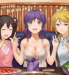  3girls \m/ ^_^ ayase_eli bare_shoulders bench black_jacket blonde_hair blue_eyes blush bow bowl box breasts buttons chopsticks closed_eyes closed_mouth collarbone collared_shirt commentary_request double_\m/ dress english_text eyebrows food gift gift_box green_eyes hair_ornament hair_scrunchie hairbow happy_birthday holding indoors jacket jyon large_breasts looking_at_viewer love_live! love_live!_school_idol_project low_twintails meat multiple_girls open_clothes open_jacket open_mouth pink_bow pink_shirt ponytail purple_hair restaurant round_teeth salad scrunchie shirt short_sleeves sitting sleeveless sleeveless_dress smile solo_focus spaghetti_strap steam sundress teeth tojo_nozomi twintails v white_dress white_shirt wing_collar yazawa_nico 