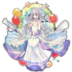  arch balloon bikini blush braid breasts cleavage crown_braid dress emilia_(re:zero) feline female floral_arch full_body gloves hair_ornament hand_up last_period long_hair looking_at_viewer medium_breasts official_art puck_(re:zero) purple_eyes re:zero_kara_hajimeru_isekai_seikatsu see-through smile standing swimsuit veil white_background white_bikini white_gloves white_hair whoopin x_hair_ornament 