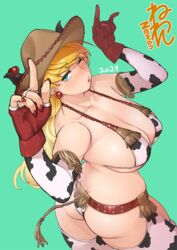  2021 ;q \n/ animal_print ass asymmetrical_gloves belt bikini blonde_hair blue_eyes blush breasts chaps chinese_zodiac cleavage collarbone commentary_request cow_horns cow_print cowboy cowboy_hat cowboy_shot cowboy_western curvy detached_sleeves earrings eva_(neone) fake_horns female fingerless_gloves fingernails from_behind gloves green_background hat heart heart-shaped_pupils horn_ornament horns horns_pose huge_breasts jewelry leather_belt licking_lips lips long_hair looking_at_viewer looking_back micro_bikini mismatched_gloves nail_polish neone nose_blush one_eye_closed original print_bikini print_sleeves print_thighhighs red_nails sideboob single_fingerless_glove skindentation solo spaghetti_strap standing strap_gap studded_belt swimsuit symbol-shaped_pupils tassel thick_thighs thighhighs thighs tongue tongue_out twisted_torso underboob year_of_the_ox 