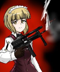  absurdres arm_garter bartender black_bow black_bowtie black_gloves blonde_hair blunt_bangs bob_cut bow bowtie brown_vest closed_mouth cobra_(movie) commentary cutlass_(girls_und_panzer) dress_shirt female frown girls_und_panzer gloves gun highres holding holding_gun holding_weapon jatimatic laser laser_pointer_projection laser_sight long_sleeves looking_at_viewer moesenyukikaze shirt short_hair smoke solo submachine_gun trigger_discipline vest weapon white_shirt wing_collar yellow_eyes 